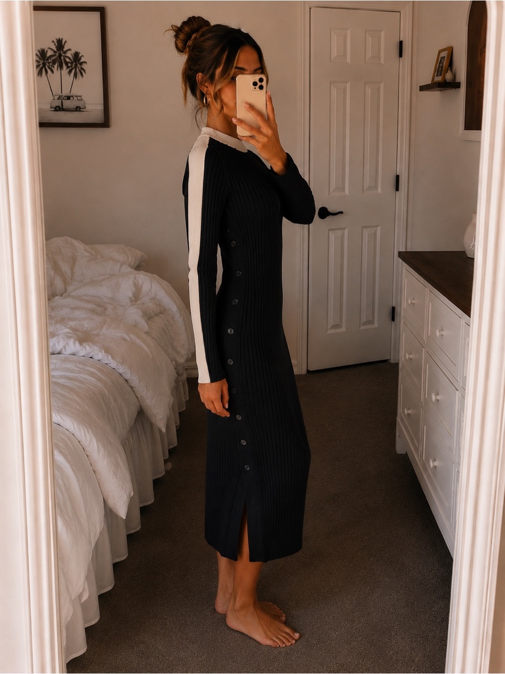 Slim Ribbed Long Sleeve Midi sweater Dress with Contrast Stripe - Black/Ivory